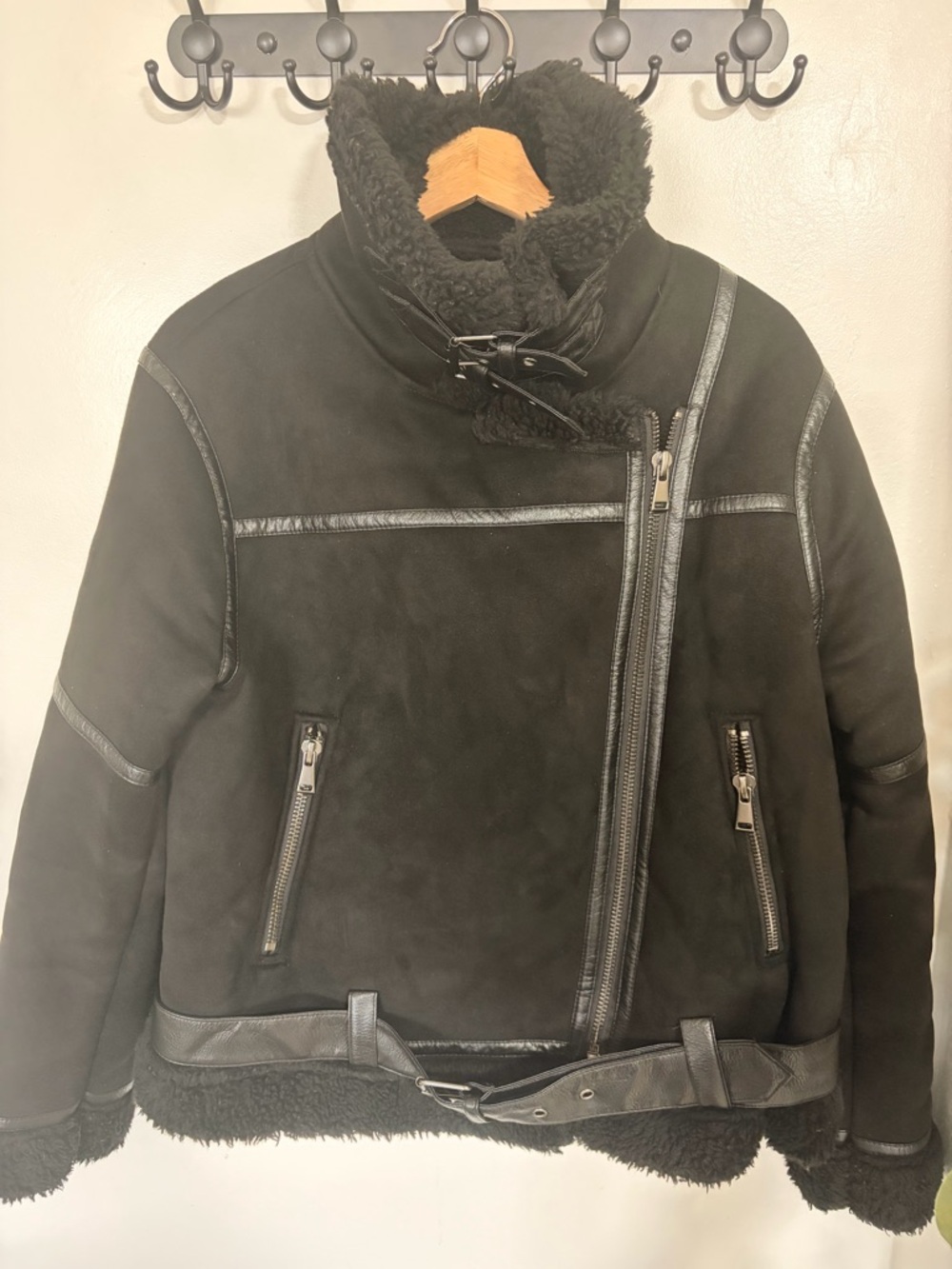 Zara Black Shearling-Trim Bomber Jacket